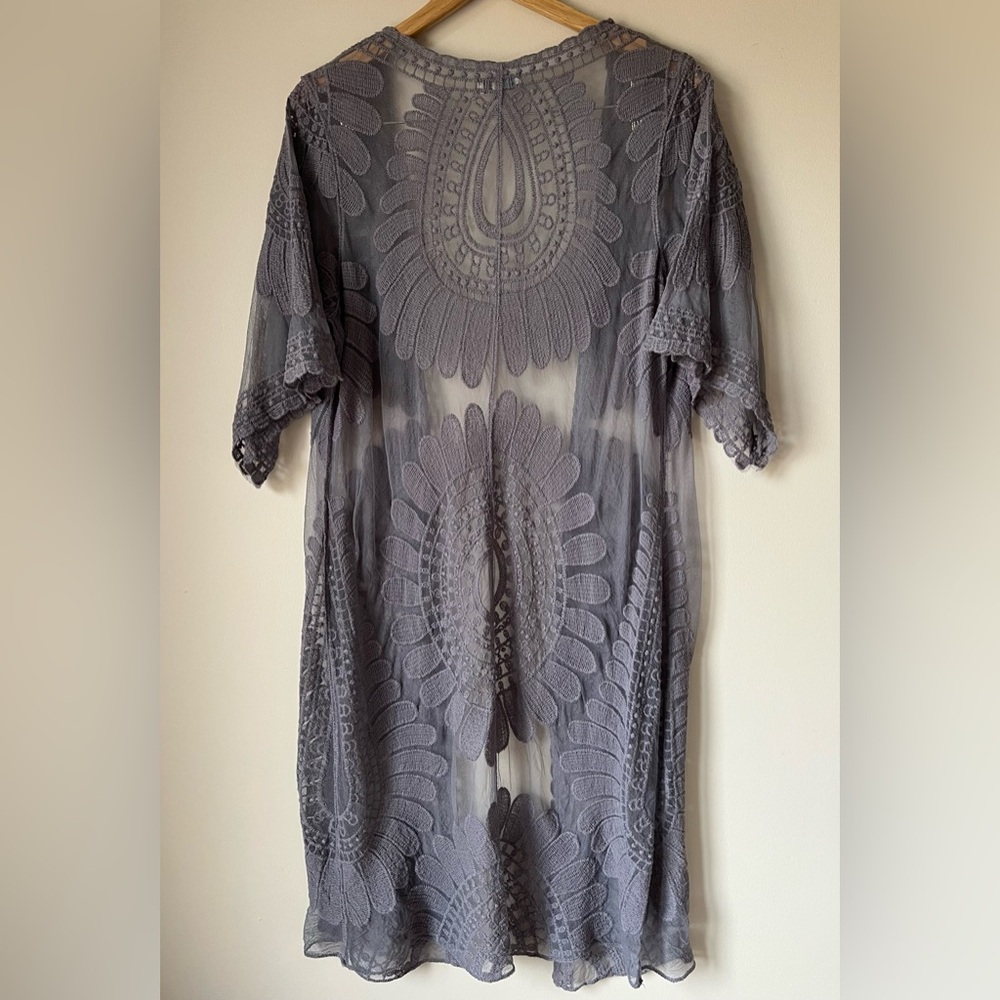 Rebellion Again Lace Kimono Duster Cardigan Cover-Up Gray Slate Bell Sleeves S - Picture 3 of 8